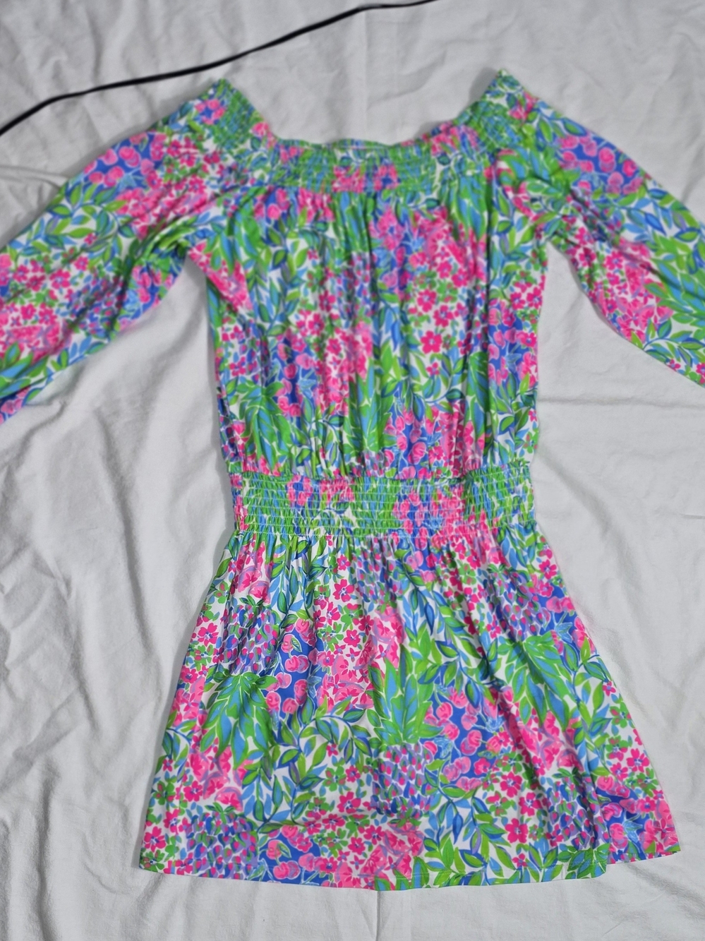 Lilly Pulitzer Off-Shoulder Floral Dress in Pink, Blue & Green - Picture 12 of 12